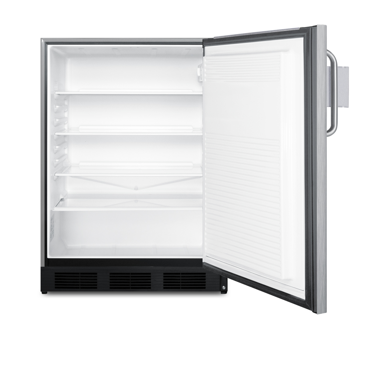 Commercial outdoor all-refrigerator for built-in or freestanding use, with removable Speed Rail and complete stainless steel exterior